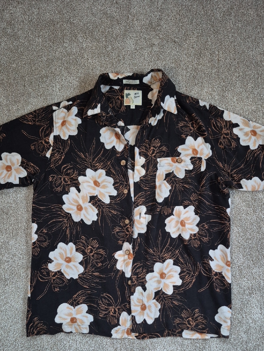 Men's Black Floral Short-Sleeve Shirt with White Flowers
